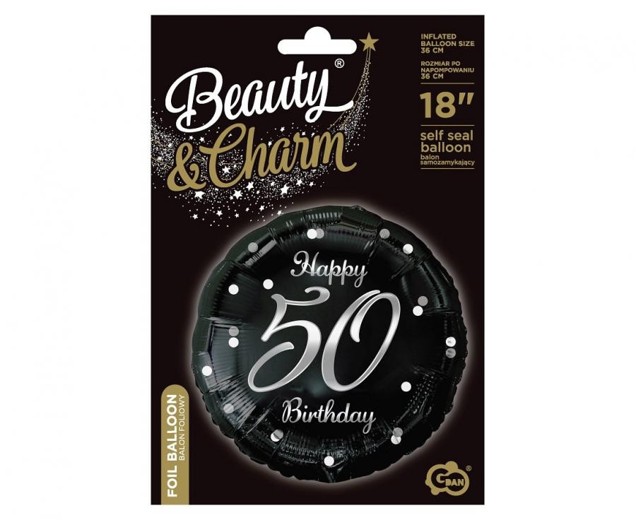 Balon foliowy Happy 50 Birthday czarny nadruk srebrny 18" GoDan